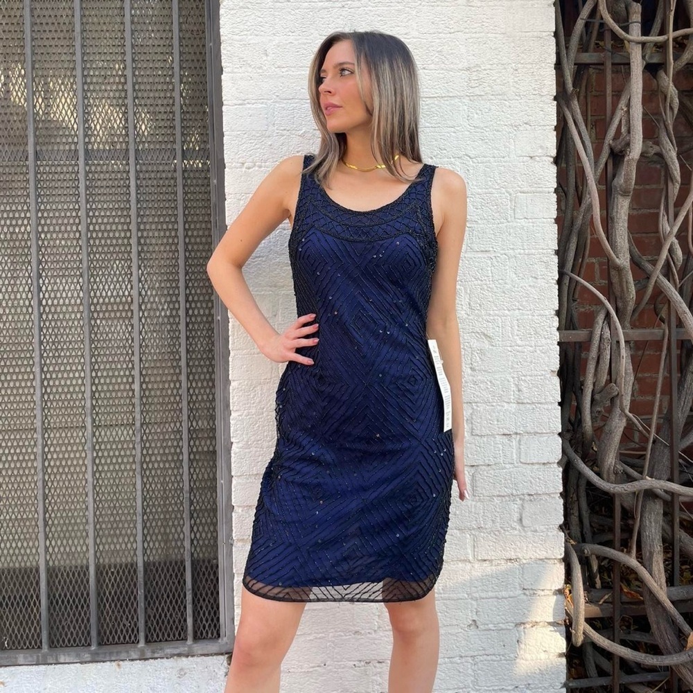 NWT Vintage Laurence Kazar Navy blue beaded sequins dress sz s